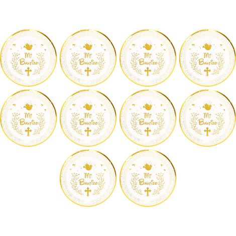10 Assiettes en Papier Doré pour Baptême, Résistantes aux Micro-ondes et aux Coupures, Jetables et Rondes (1/5)