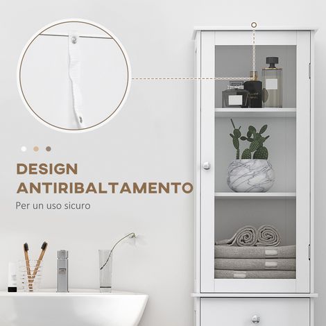 Colonne de salle de bain blanche mobile MDF, 40x27x171.5cm, avec meuble de rangement, tiroir et étagères, gain de place. (1/5)