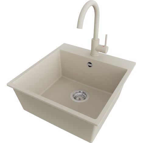 PRIMAGRAN Evier Cuisine en Granit 48x50cm,Lavabo 1 bac + Robinet 32x20cm + Kit de Vidage, Évier à Encastrer au meuble 50cm - Riga, Beige (1/5)