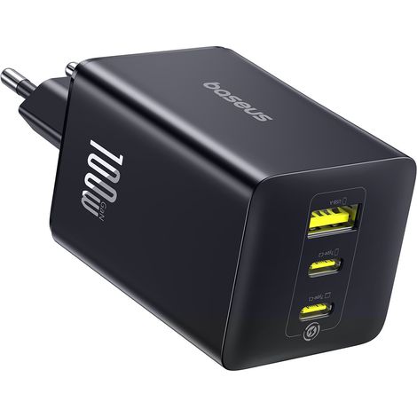 Cargador de pared EnerFill FE11 de 100 W con puertos USB-A y USB-C - Negro (1/4)