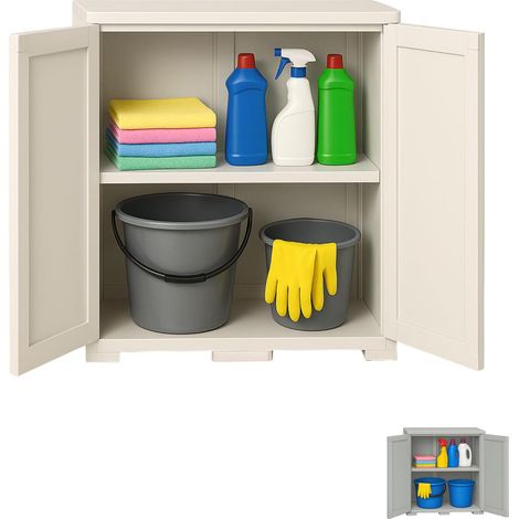 Armadietto basso in plastica a 2 ante lisce - Misura 79x43x85,5 cm - Mobile con 2 scomparti interni per oggetti, completo di piedini antiscivolo - Col (1/5)