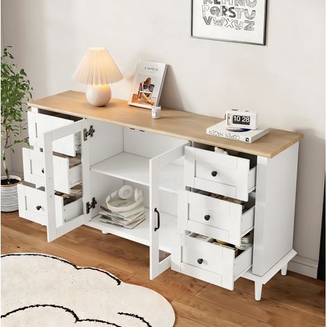 Aparador 150x40x75 cm blanco y tono madera en MDF con 6 cajones, 2 puertas acrílicas y LED (1/5)