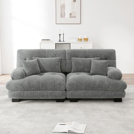 Ecksofa aus grauem Chenille, 220 x 77 x 81 cm, 2 Kissen HAVRYA (1/5)