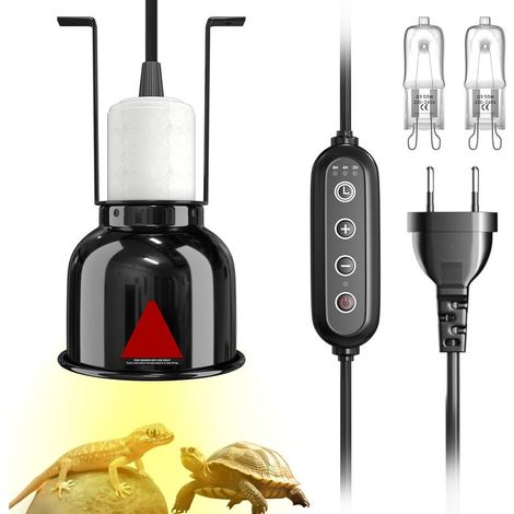 Wärmelampe für Terrarien und Schildkröten, Reptilien-Wärmelampenfassung mit Kuppelreflektor und 2 x 50W G9-Leuchtmitteln, 7 Helligkeitsstufen, Timer für Aquarien, Wasserschildkröten und Vivarien (1/5)