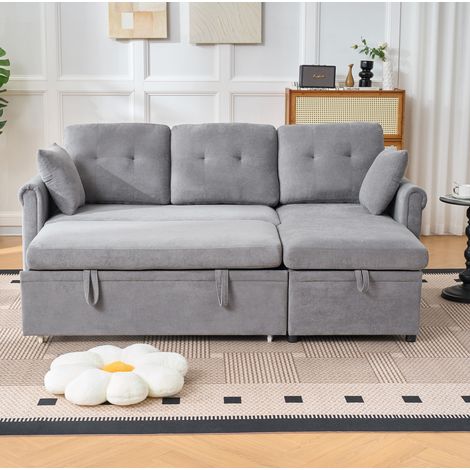 Canapé d’angle convertible avec coffre, chaise réversible, chenille gris, REDOM (1/5)