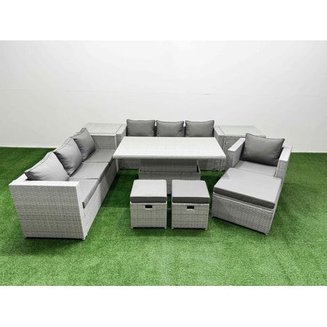 Fimous 8 PCs Rising Dining Table Set Rattan Furniture Set with 3 Seater Sofa Chair 3 Footstools 2 Side Tables Light Grey (1/5)