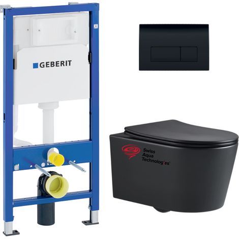 Pack WC bati-support Geberit + WC Swiss Aqua Technologies sans bride + abattant SoftClose + plaque noire (BLSATGEB7) (1/5)