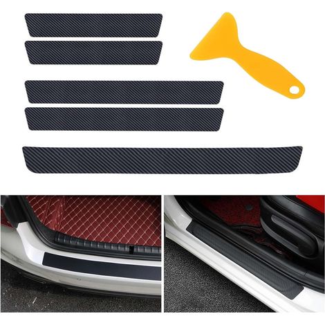 5 Pièces Protection Coffre Voiture avec Grattoir, Barre de Seuil, 4D Protection Pare Choc Voiture, Bande Autocollante Voiture, Seuil de Porte Voiture, Fibre de Carbone Autocollant (Noir) (1/5)