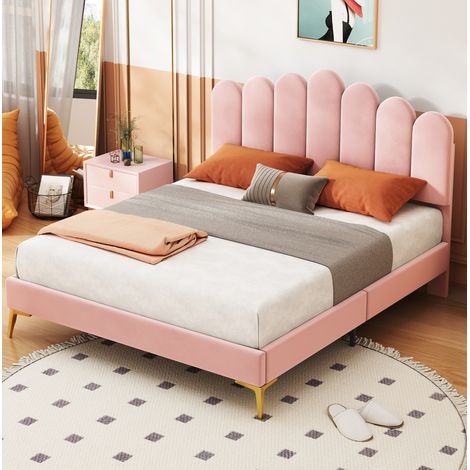 MODFU – Cama de matrimonio capitoné 140x200 cm de MDF, terciopelo y metal con cabecero regulable en 3 posiciones, 12 lamas, carga 250 kg y 2 paquetes – Rosa (1/5)