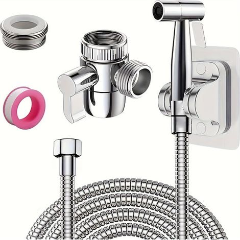 Kit Douchette WC avec Vanne 3 Voies et Tuyau 2m, Kit de Bidet de Toilette avec Support, Pulvérisateur de Bidet à Main pour Toilettes avec Adaptateur (1/5)