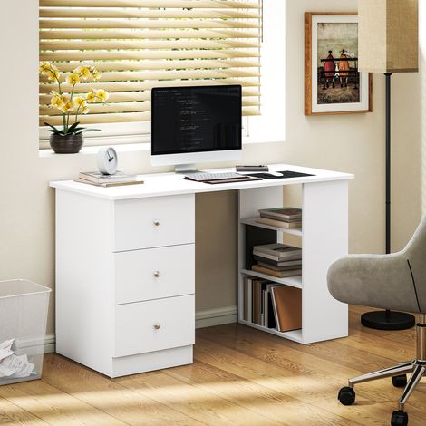 Bureau d'ordinateur pour chambre et bureau avec caisson à tiroirs et étagères de rangement en bois 120 x 49 x 72 cm Blanc