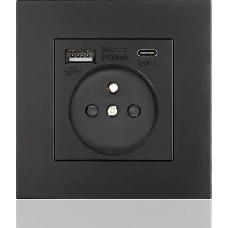 Panneau de prises françaises Type-c+USB16A Type 86, nombre de prises : 2 trous, nombre de ports USB : 1, nombre de ports type-c : 1, sûr et ferme(carré noir) (1/5)
