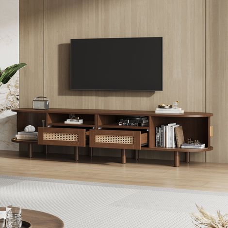 Meuble téléviseur ovale 170x40x40 cm, buffet TV design avec 2 portes coulissantes, 2 tiroirs en rotin, support pour écran jusqu'à 70 pouces, commode en noyer (1/3)