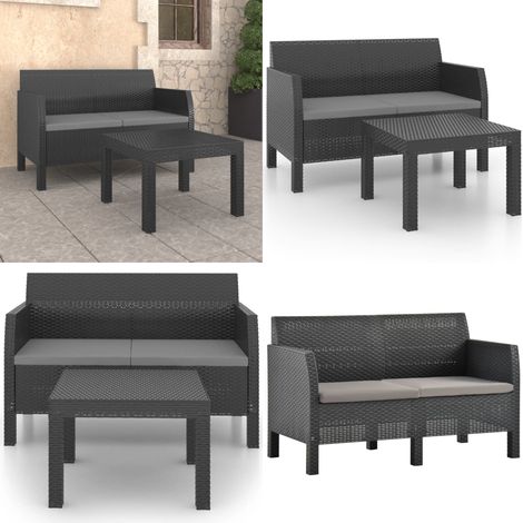 2-tlg. Garten-Lounge-Set mit Kissen PP Rattan Anthrazit - Gartensofa - Lounge Set - Gartenmöbel - Outdoor Möbel - Rattan Optik - Home & Living