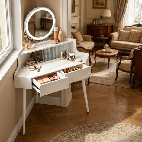 Coiffeuse d'angle, coiffeuse avec miroir rond (coiffeuse uniquement)