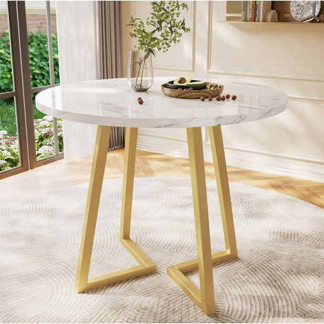Mesa de comedor redonda de MDF con tablero marmoleado blanco, 80 cm de diámetro y 75 cm de alto, patas metálicas ajustables para cocina, salón u oficina  CHICFURN (1/5)