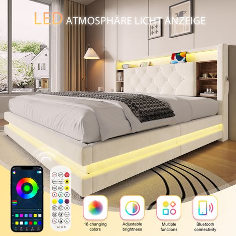 Lit capitonné 140x200 cm avec coffre, velours beige, tête de lit avec éclairage LED intégré, ports USB et USB-C, levage hydraulique, sommier à lattes, étagères de rangement, mécanisme silencieux (1/5)