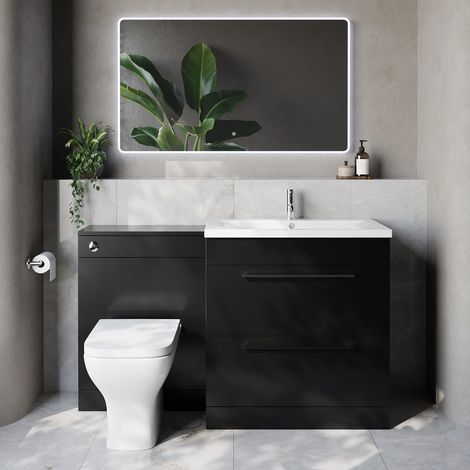 Napoli 460 Cento Matt Black 1400mm 2 Drawer Vanity Unit Toilet Suite with Glide Basin - 1400mm - Chrome 480mm HandleWith Kingston Toilet Pan and Seat