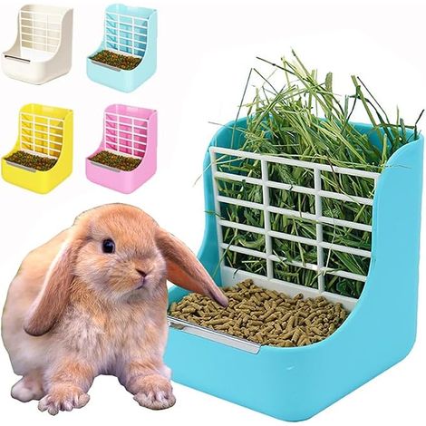 Hay Feeder for Rabbit, Guinea Pig, Chinchilla and Other Small Animals, 2 in 1 for Grass and Food (Blue) (1/5)