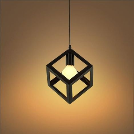 Pendelleuchte Vintage aus Metall Retro E27 Geometrischen Würfel Lampenschirm Hängelampe für Schlafzimmer, Wohnzimmer, Restaurant, Bars(Schwarz)
