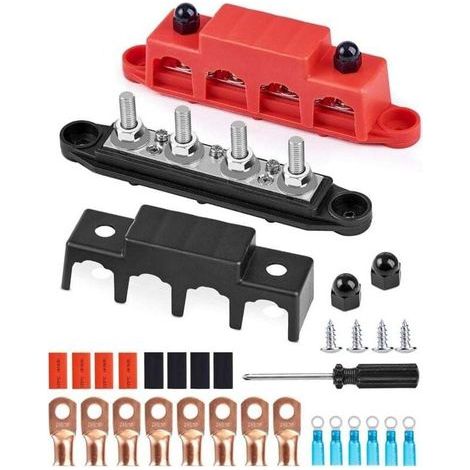 Bloc de distribución de 12V-48V CC, barra colectoras (BusBar) de 250A con 4 tornillos M8, barras de distribución de energía de 5/16", bloque de conexión para baterías de automóviles, caravanas, barcos (1/4)