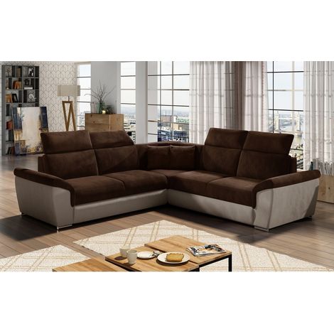 Canapé d'angle - convertible - FELIPE VELOURS - en tissu luxe chocolat et beige, 5/6 places (1/5)