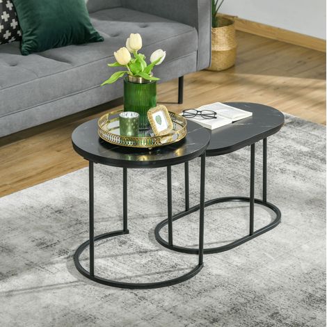 Set di 2 tavolini bassi rotondo e ovale impilabili, MDF e acciaio, nero, Ø50 x 50,5 cm (1/5)