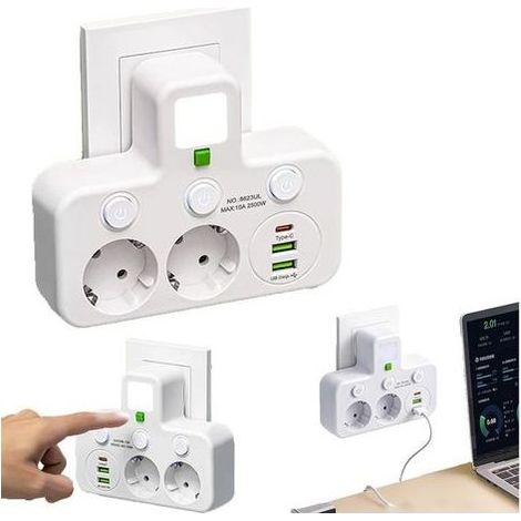 Multiprise Murale avec Interrupteurs Individuels 2 Prises EU + 3 Ports USB (2X USB A + 1x Type C), Conception Polyvalente et Sécurisée pour la Maison (White,2Prises) (1/5)