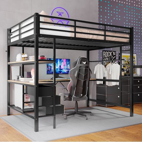Cama alta de metal negro 140x200 cm con escritorio, LED, USB, enchufe y 3 cajones (1/5)