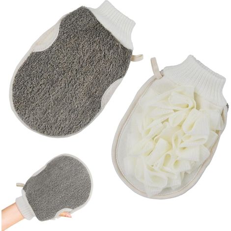 Guanto esfoliante per il corpo, spugna da doccia in luffa, 2 in 1, spugna in luffa, scrub per il corpo, rimozione delle cellule morte, beige