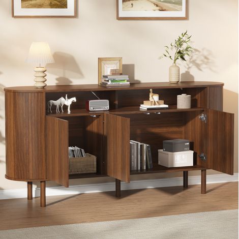 Credenza 160x40x78.5 cm, 3 ante ondulate e 2 vani aperti, gambe in legno massello, truciolare, noce (1/5)