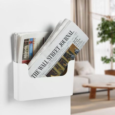 Porte-documents mural sans perçage, plateau à courrier, porte-revues, fixation de porte auto-adhésive, compartiment unique (BLANC, 1 pièce) (1/5)