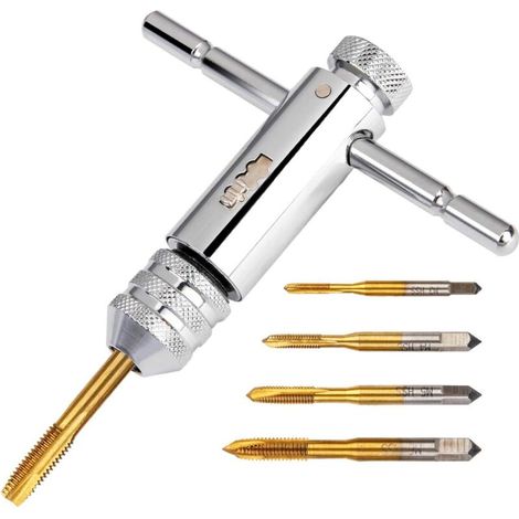 Taraud - Hss Revêtu Titane - Droit - Pour Acier Inoxydable Et Acier Courant - M3 M4 M5 M6 M8 - Jeu De 5 + Porte-Outils À Cliquet (1/5)