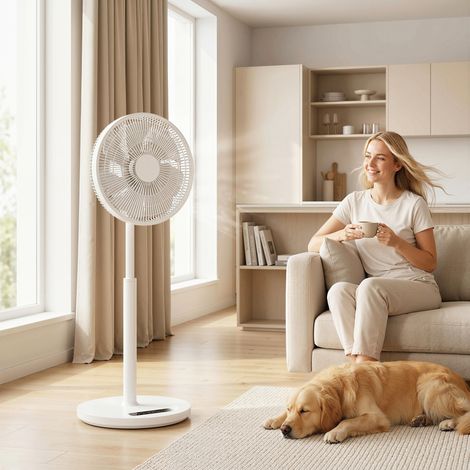 Ventilatore a piantana con telecomando e 12 velocità, ventilatore da pavimento con altezza regolabile per camera da letto, bianco