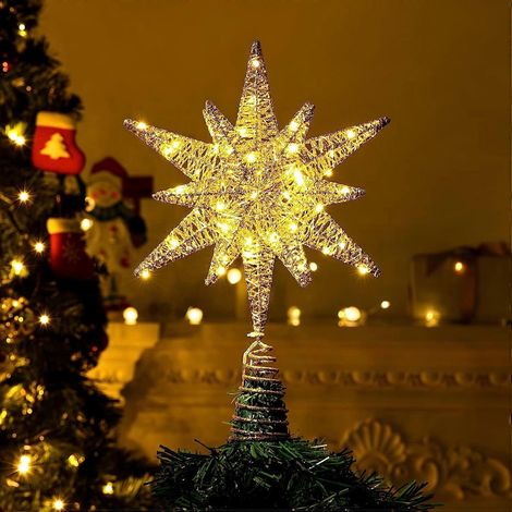 Étoile de Noël en métal avec 60 LED, 3D, style Moravian Star, fonctionne sur piles et inclut une minuterie de 6 heures. Hauteur : 35 cm (13,78 pouces). Couleur : Or. (1/5)