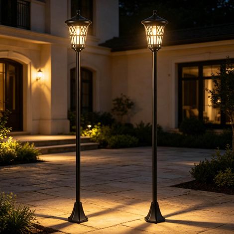 Lot de 2 lampadaires solaires 23,5x23,5x186 cm acier inoxydable noir, éclairage jardin – MEUBLIV (1/5)