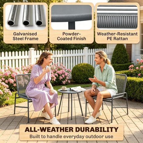 Set of 3 Rattan Bistro Garden Furniture Set Including 2 Dining Chairs & Round Side Table, Galvanised Steel Frame Weatherproof Wicker Seating for Patio, Balcony & Front Porch (1/5)