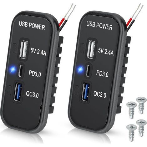 Prise USB 12 V, port USB-C PD3.0, chargeur QC3.0 et port USB-A 2,4 A, panneau de charge rapide 3 ports pour voiture/bateau - 2 pièces (1/4)