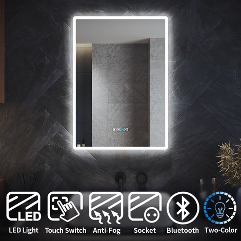 ELEGANT Bluetooth Bathroom LED Mirror with Shaver Socket 700x500mm Wall Mounted Bathroom Mirror with LED Lights Demister Pad Touch Switch Blue/White 2 Colors Backlit Vertical/Horizontal (1/5)