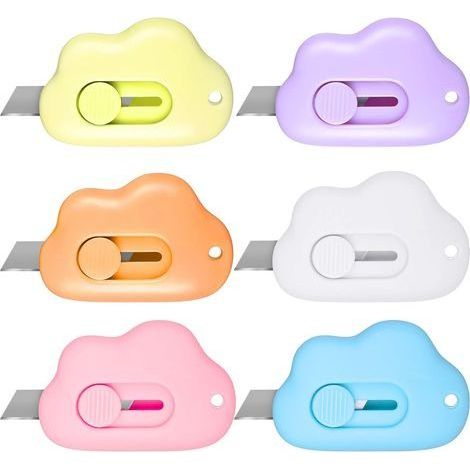 Lot de 6 minicouteaux rétractables en forme de nuage, pour la rentrée scolaire, petits couteaux utilitaires rétractables, ouvrelettres pour enveloppes, cartons, porteclés, mignons et portables (1/5)