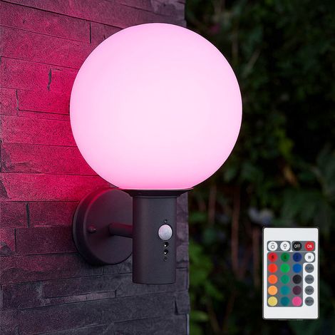 Lampada da parete con rilevatore di movimento Lampada a sfera per esterni telecomando Lampada da parete RGB LED, vetro acciaio inox, RGB LED 4W 470Lm, DxH 25x37 cm