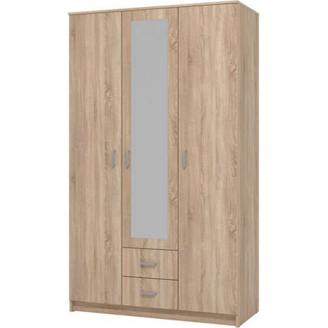 Guardaroba 3 Ante Crati, Armadio Camera da Letto Appendiabiti, 2 Cassetti, 4 Ripiani, 120x52 cm Marrone Quercia