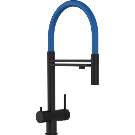Rubinetto 3 VIE miscelatore lavello cucina in ACCIAIO INOX, canna girevole 360° e doccetta 2 getti movibile, PVD Nero Opaco / Blu (1/5)