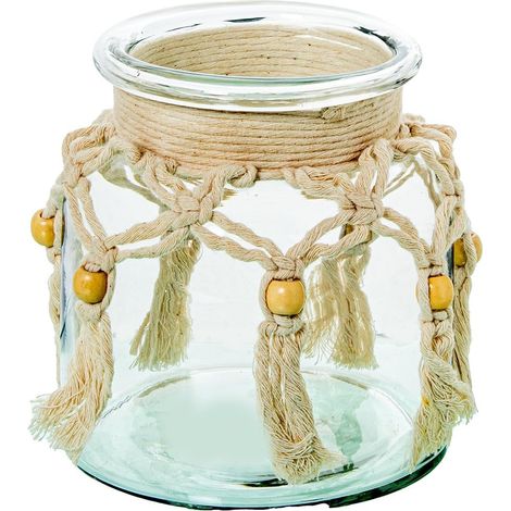 Vase Porte-Bougie en Verre avec Corde Transparente et Naturelle 14 x 14 x 15 cm (1/5)