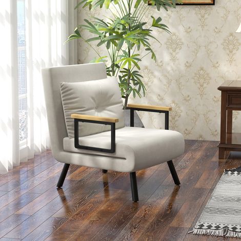 Fauteuil convertible 4 en 1 lit 1 place, dossier réglable 5 positions, accoudoirs en bois et coussin, tissu effet velours, crème