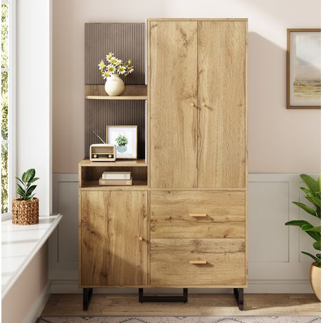 Vestiaire d'entrée 110x38x186 cm noir et décor bois en MDF avec penderie coulissante, tiroirs et rangement chaussures (1/5)