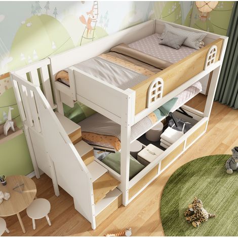lit superposé lit enfant rangement 90x200 bois blanc OKMYHOME