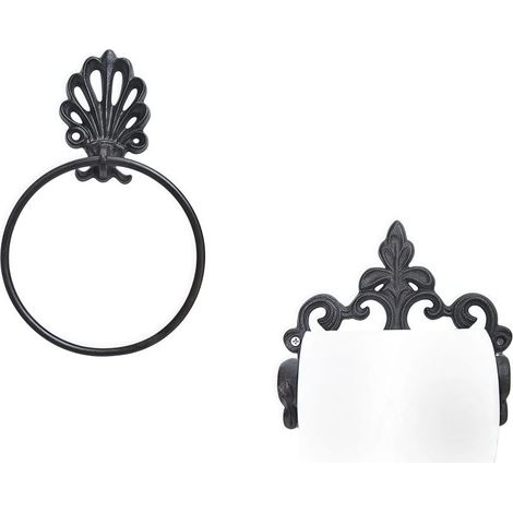 Porte-mouchoirs et porte-serviettes mural en fonte, style champêtre, ensemble deux pièces, noir (1/5)
