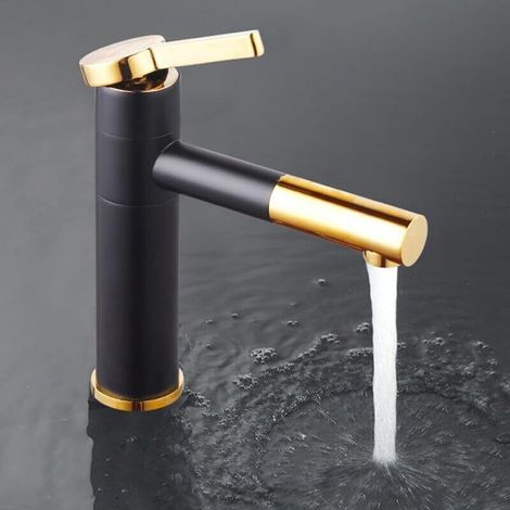 Robinet pivotant noir + poignée plaquée or pour salle de bain, robinet de lavabo élégant (1/5)