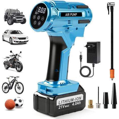 Compresseur à Air Portatif 150 PSI, Gonfleur Pneus Voiture sans Fil avec Manomètre et lampe LED, Pompe à Air Électrique Numérique à batterie 21V, pour Voiture Moto Vélo Ballon (1/5)